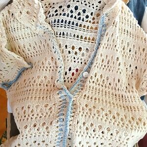 Free People Crochet Short Sleeve Sweater With Blue Trim